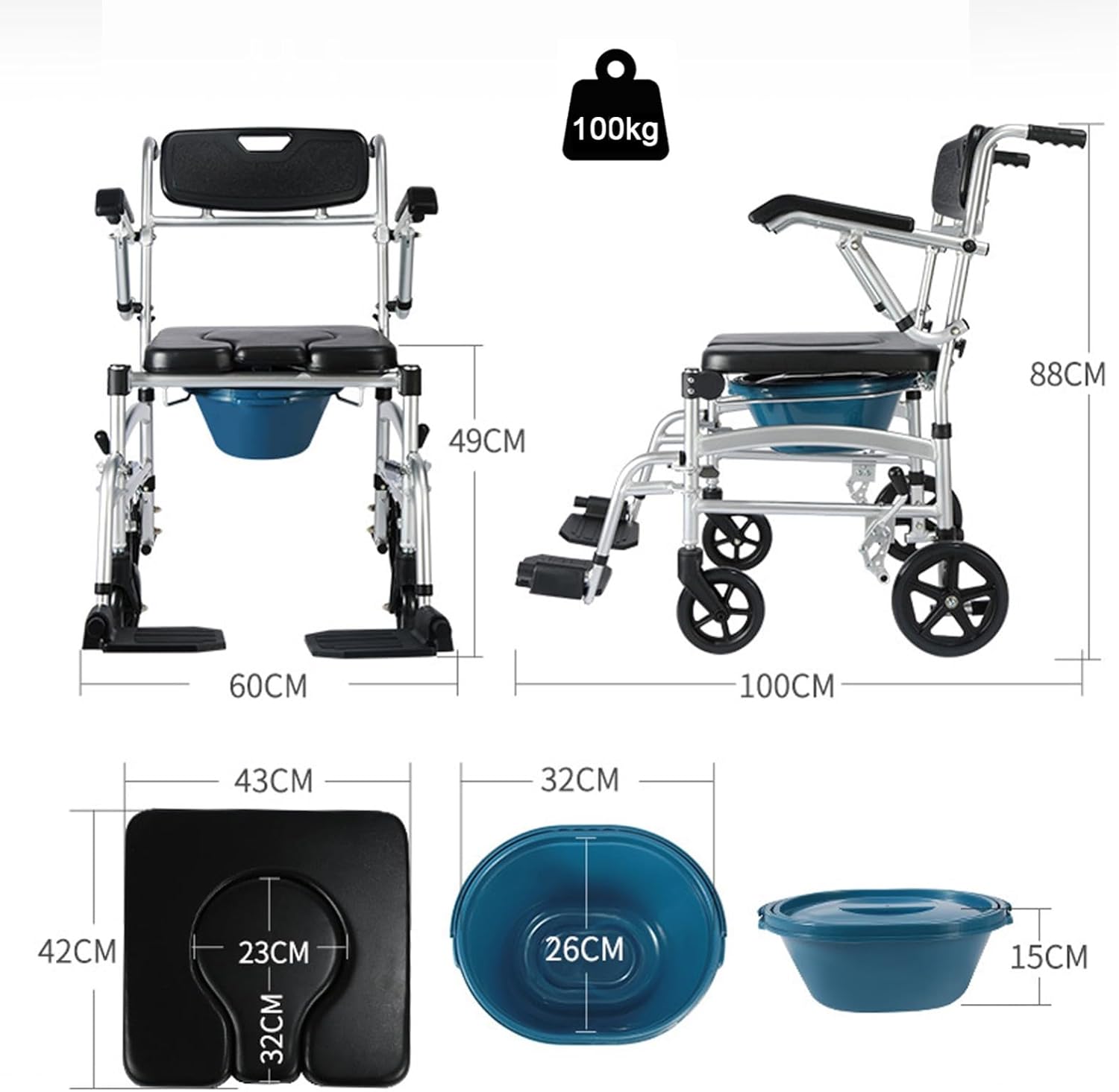 4 in 1 Shower Wheelchair, Portable Shower Chair with Wheels, Bedside Commode Chair, Waterproof Shower Commode Chair for Elderly