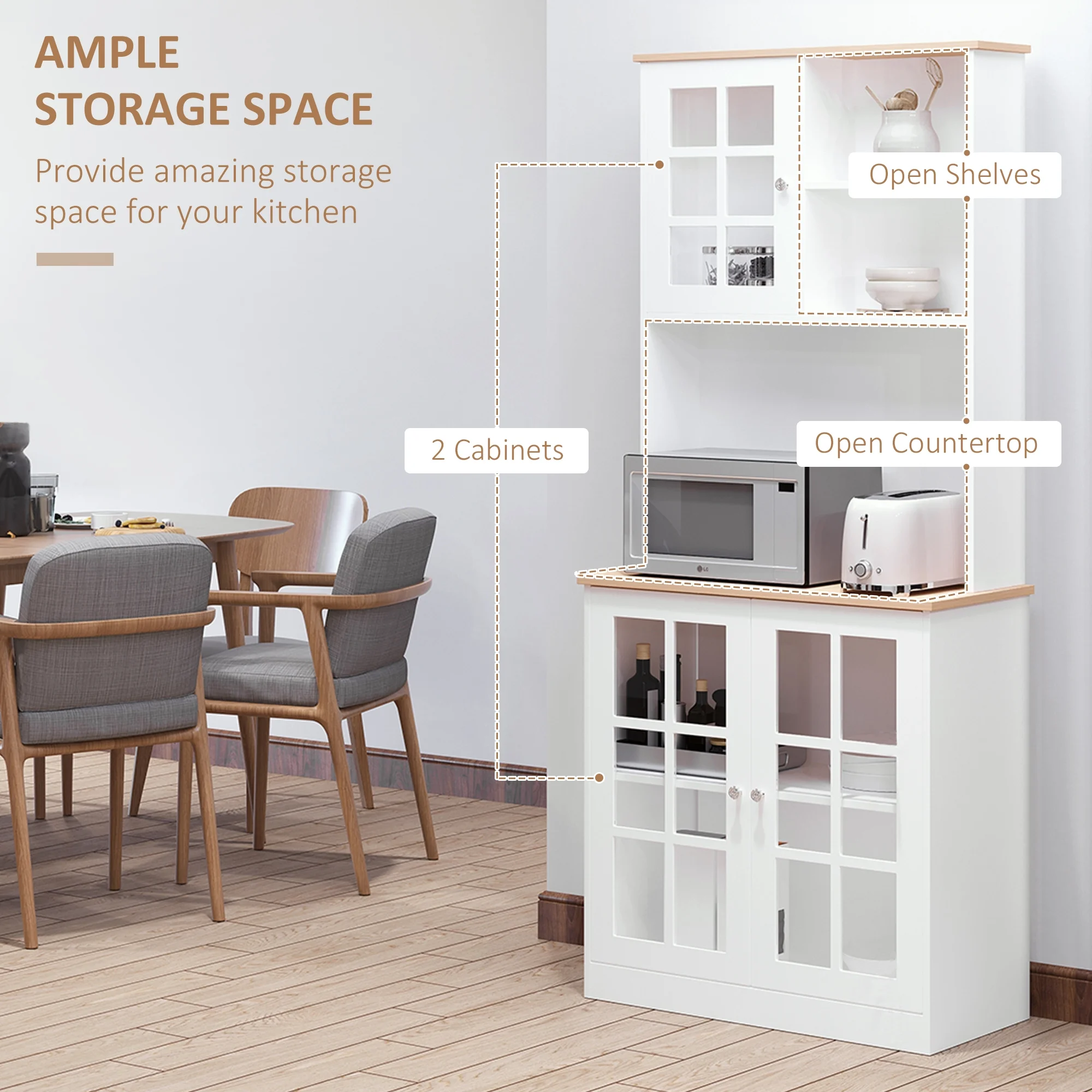 Homcom Kitchen Buffet with Hutch, Storage Pantry with 2 Cabinets, White