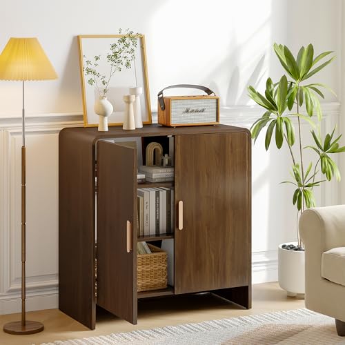60" Sideboard Buffet Cabinet with Storage, Curved Design Farmhouse Coffee Bar Cabinet with 4 Doors & Adjustable Shelves for Living Room, Kitchen, Hallway, Walnut