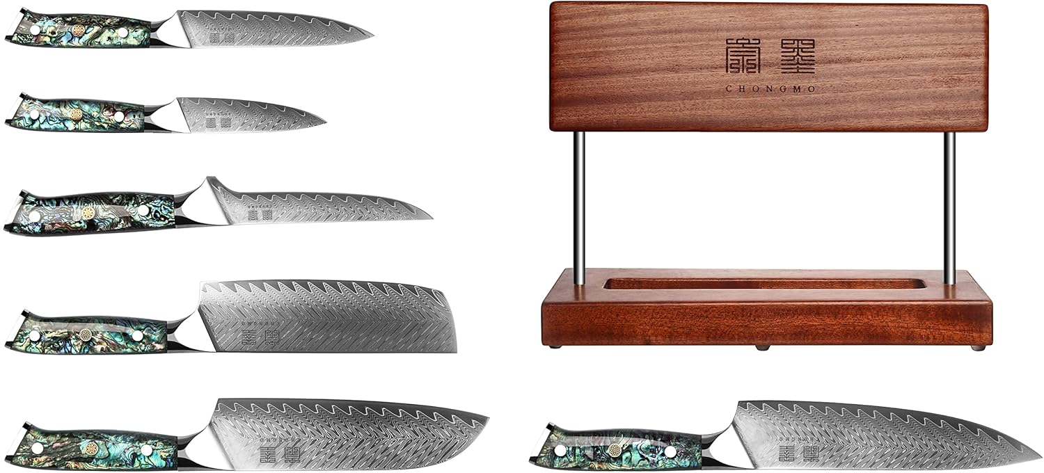 Professional Kitchen Knife Set 7 Pieces - Japan VG10 Super Steel 67 Layer Damascus Steel Shell Resin Handle Kitchen Knife Set with Sapele Magnetic Knife Holder