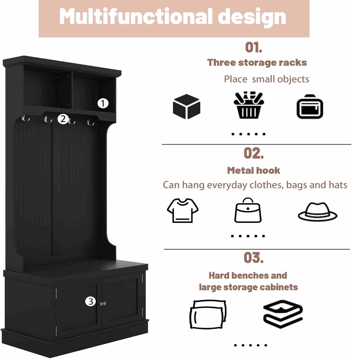Modern Entryway Hall Tree with Bench and Shoe Storage, Coat Rack - 4-in-1 Design - Sturdy and Stylish Hall Tree for Entryway, Laundry Room, Closet - Easy Assembly - Holds up to 200 lbs