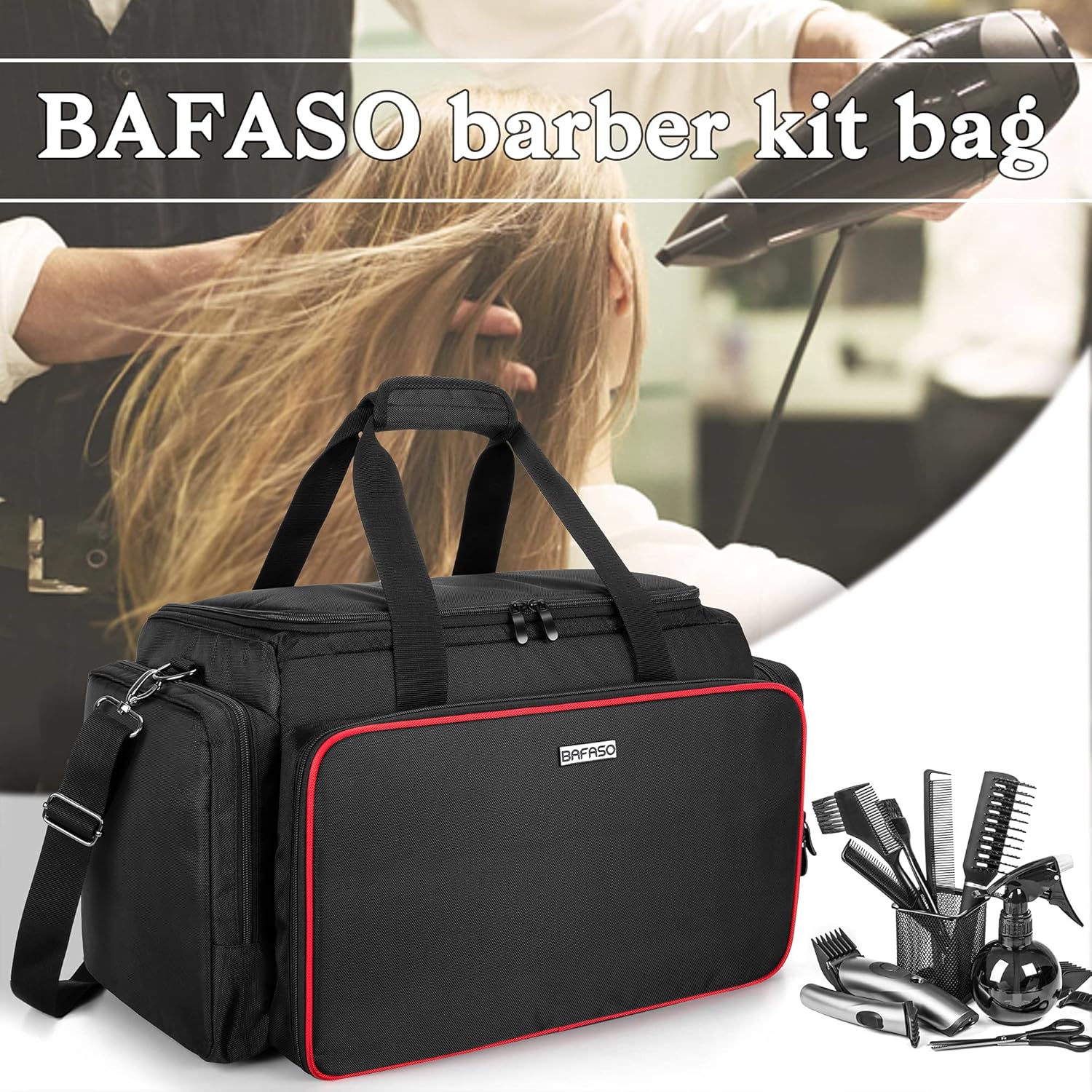 BAFASO Large Barber Bag with Adjustable Dividers, Travel Barber Case Holds Various Hair Cutting Tools (Bag Only), Black