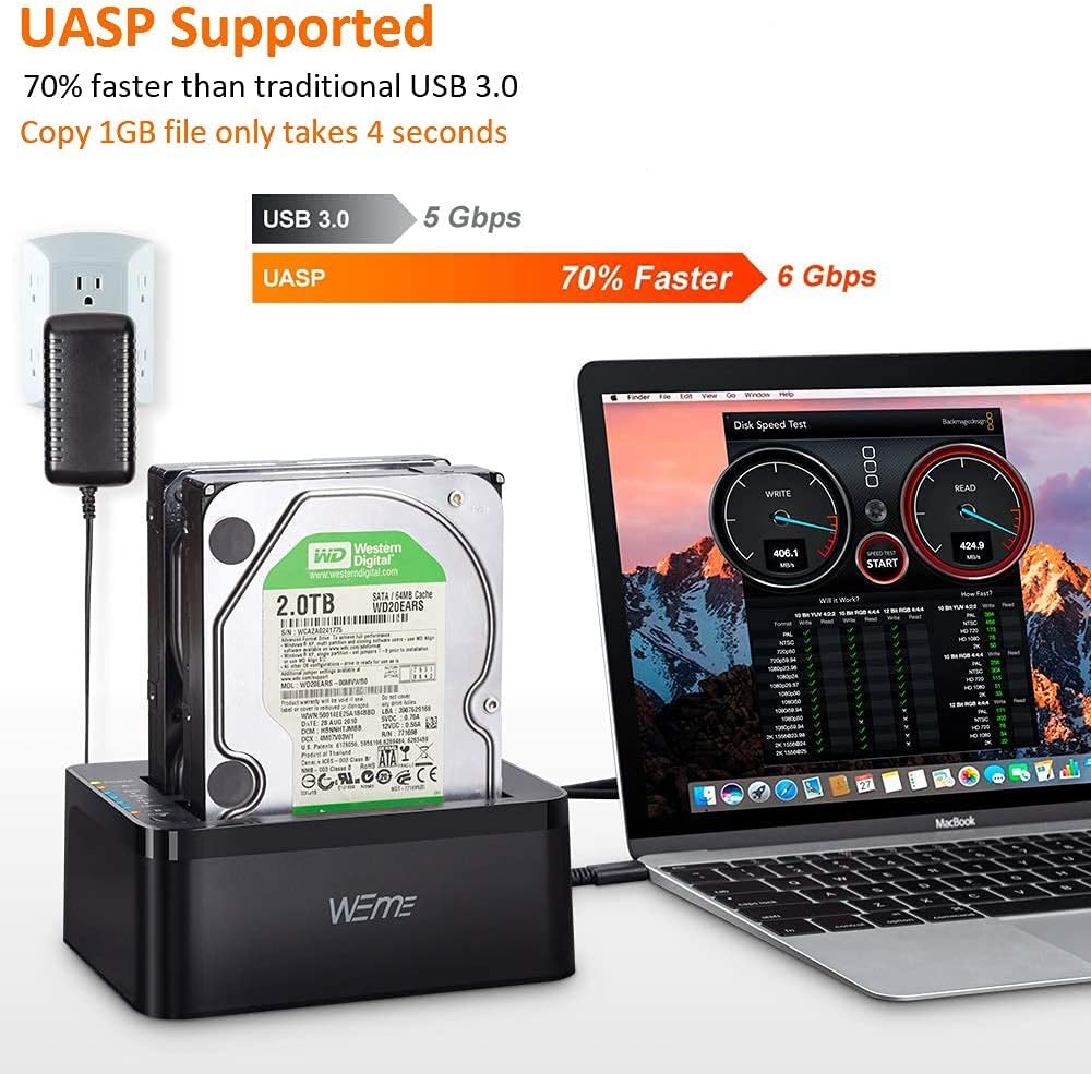 WEme USB C 3.0 to SATA External Hard Drive Dock Docking Station, SSD HDD Disk Duplicator Cloner for Dual Bay 2.5 3.5 Inch SATA I II III, Support UASP and Auto Sleep and 2X 12TB, Black