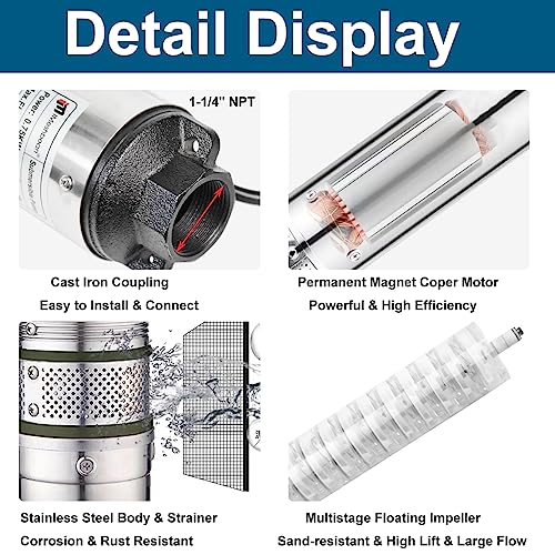 Deep Well Submersible Pump,1 hp, 115V, 60 Hz, 33 GPM, 207' Head, Stainless Steel, 4", 33 Feet Electric Cord, Long Life M#05