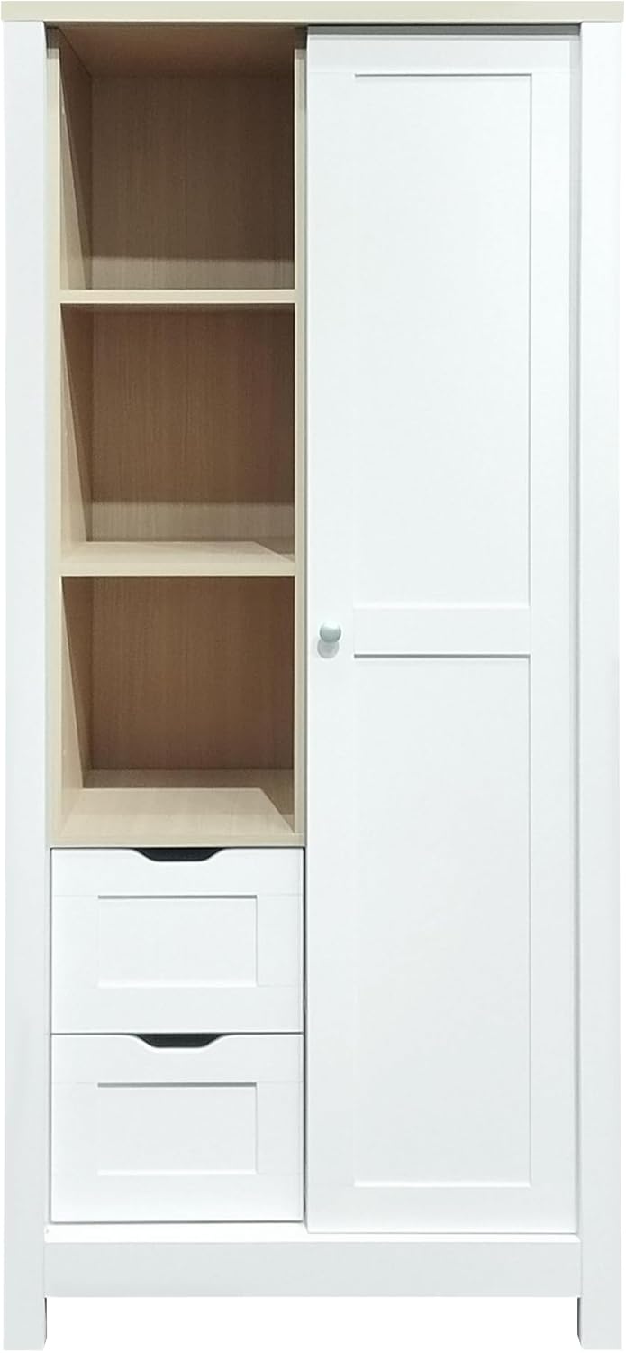 68.30 inch Wardrobe Closet Organizer with 2 Drawers, Open Shelves and Hanging Rods Slim Wooden Armoire Sliding Door Functional Clothes Storage Cabinet for Bedroom, White