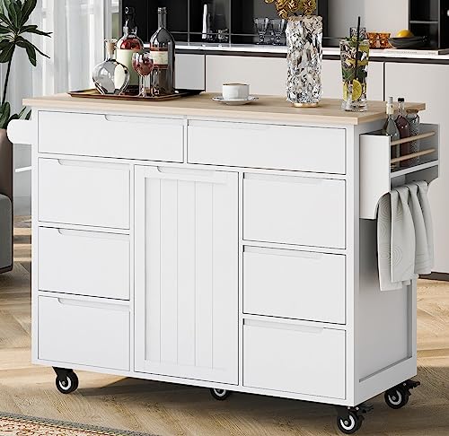 Utility Kitchen Island with Storage Cabinet on Wheels,Wooden Rolling Kithcen Island Cart with 8 Drawers, Rubber Wood Countertop, Spice and Towel Racks, Adjustable Shelves, White