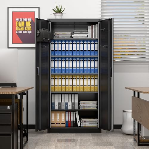 Aobabo Garage Storage Cabinet with Wheels,72" H Metal Storage Cabinet with 2 Doors and 4 Adjustable Shelves for Garage Home, Black,Required-Assembly