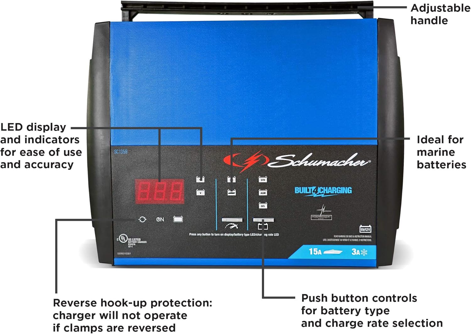 Schumacher SC1359 Fully Automatic Battery Charger, Maintainer, and Auto Desulfator with Battery Detection - 15 Amp/3 Amp, 6V/12V - For Cars, Trucks, SUVs, Marine, RVs