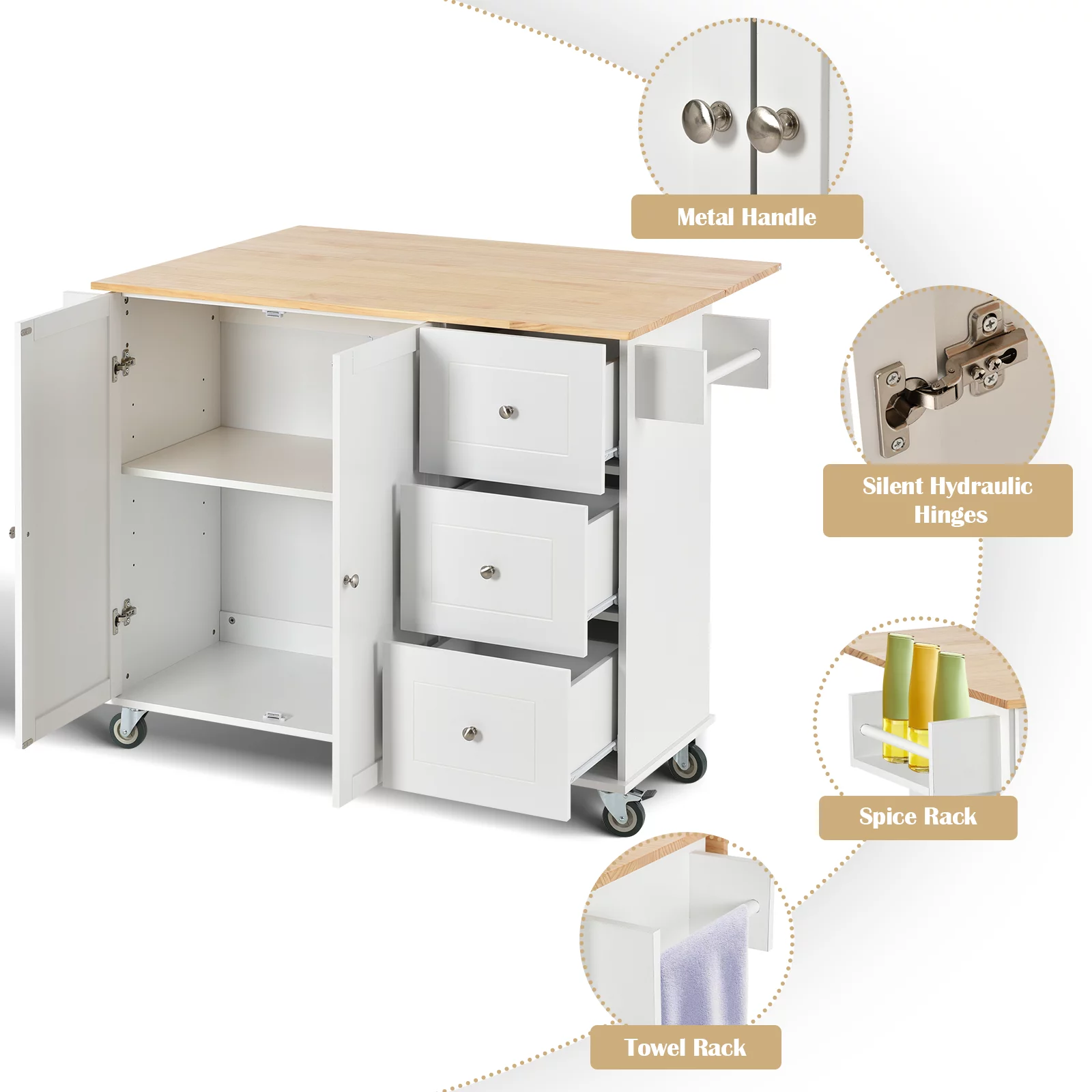 53 inch Portable Kitchen Island with Drop Leaf, Rolling Kitchen Island with Storage,White