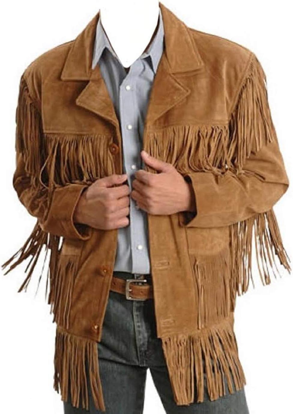 Men's Traditional Cowboy Western Leather Jacket Brown Coat with Fringe Native American Jacket Suede-L