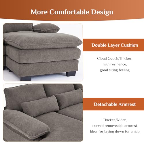 OUYESSIR 114" U Shape Sectional Sofa Cloud Couch for Living Room, Upholstery Comfy Modular Sofa, 4 Seat Chenille L-Shaped Sleeper Sofa with Chaise Lounge, Ottoman & Pillows,Beige White