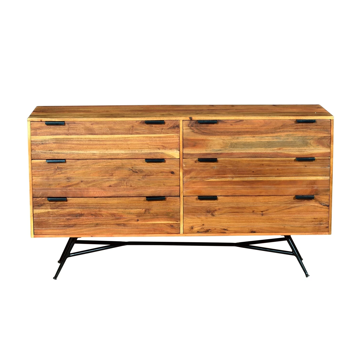 The Urban Port 58 Inch Acacia Wood Sideboard with 6 Drawers and Iron Base, Brown