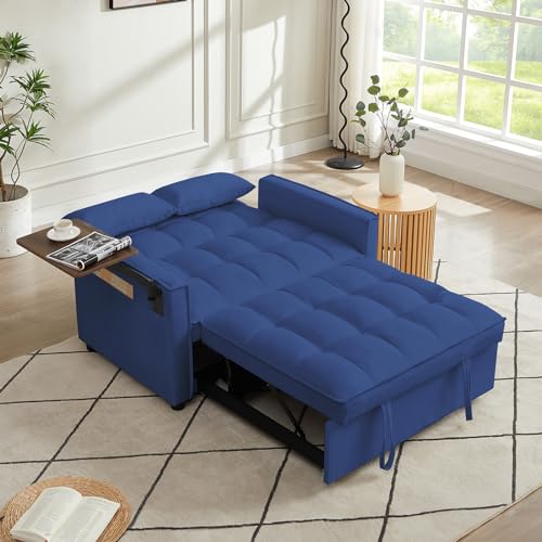 3 in 1 Sleeper Sofa Bed,47" Velvet Futon Tufted Pull Out Couch Bed,2 Seater Loveseat Chaise Lounge with Reclining Adjustable Backrest&Table for Living Room,Apartment,Office,Small Space(Beige)
