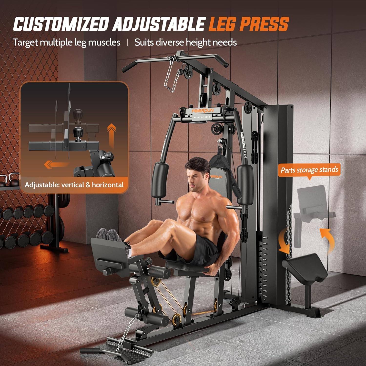 FEIERDUN Home Gym Equipment, Multi-Functional Workout Equipment with 154LBS Weight Stack, for Leg Press, Lat Pull Down, Chest presses