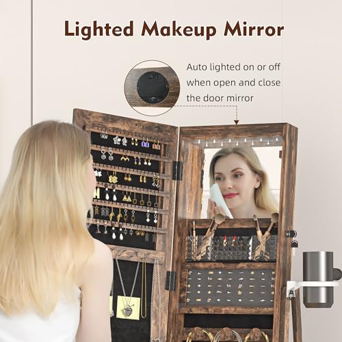 4 Wheels Jewelry Armoire with LED Light, Movable Jewelry Cabinet Standing with Full-Length Mirror, Lockable Jewelry Organizer with Mirror Storage Drawer, White