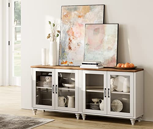 WAMPAT 3-in-1 Sideboard Buffet Cabinet with Storage, Kitchen Pantry Storage Cabinet with Glass Door & Drawer, Console Table Entertainment Center for Living Room Dining Room, Off White