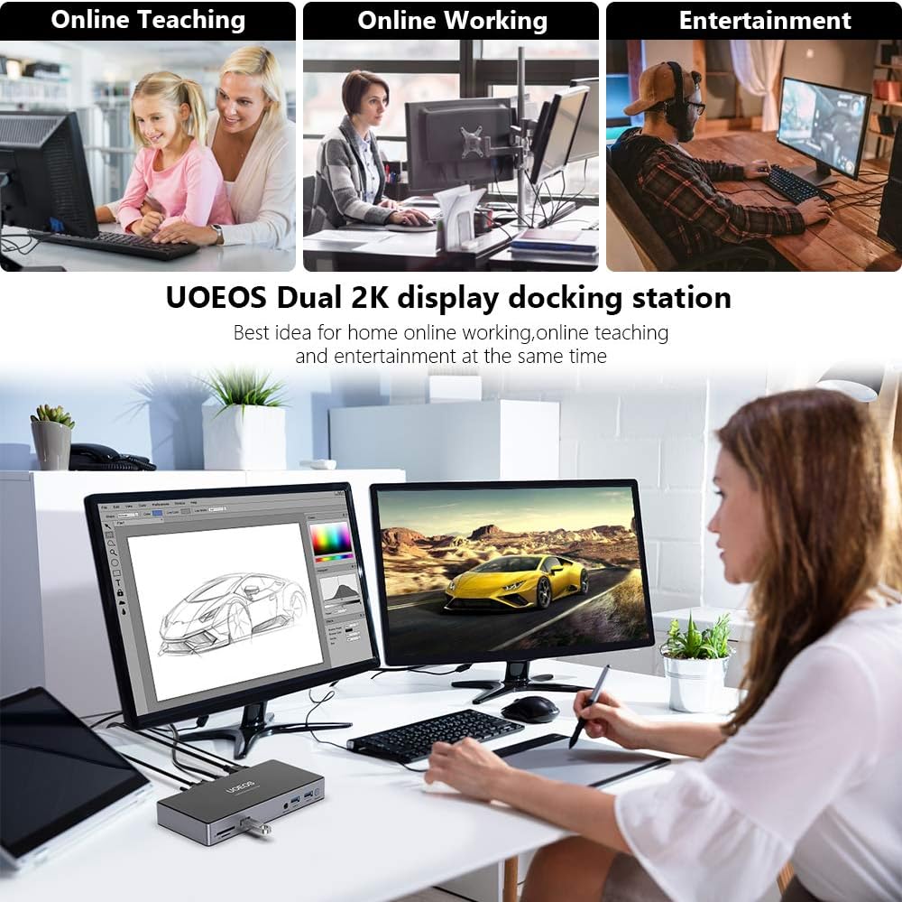 UOEOS USB 3.0 Universal Docking Station Dual Monitor for Windows, Chrome OS, Mac OS USB 3.0 HUB HDMI and DVI 3.5mm Audio Jack Port, SD TF Card Reader, Gigabit Ethernet, Audio&Mic,laptop docking sation