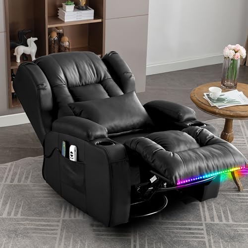TUNYI Power Recliner Chair Velvet Fabric Home Theater Seating Glider Reclining Sofa with Massage & Heat Swivel Rocker Recliner Chair for Living Room with LED Light/USB Port/Lumbar Pillow (Brown)