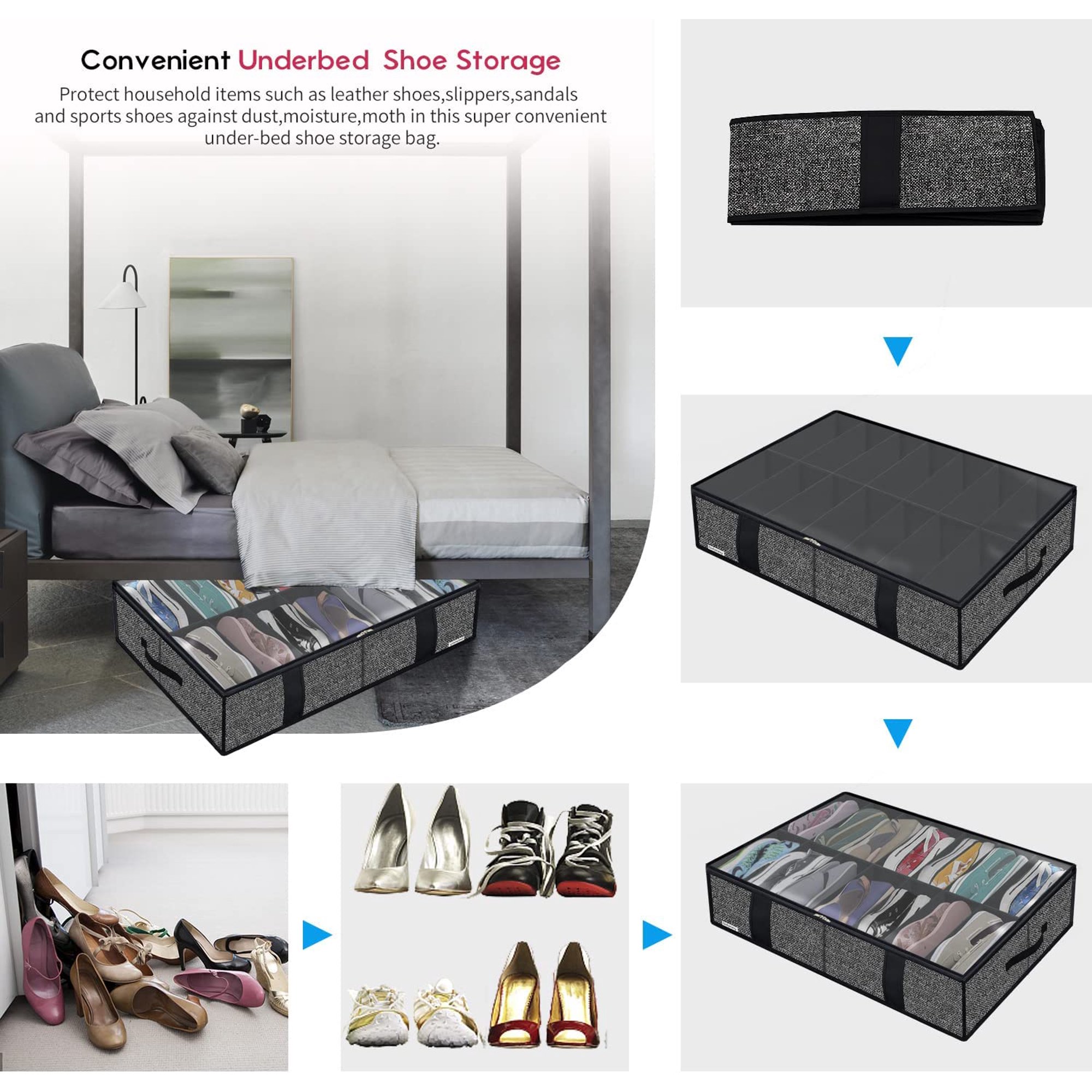 Under Bed Shoe Storage Organizer with Sturdy Handles and Clear Window  Premium Foldable Underbed Shoes Container Box for Closet, Linen-like Black