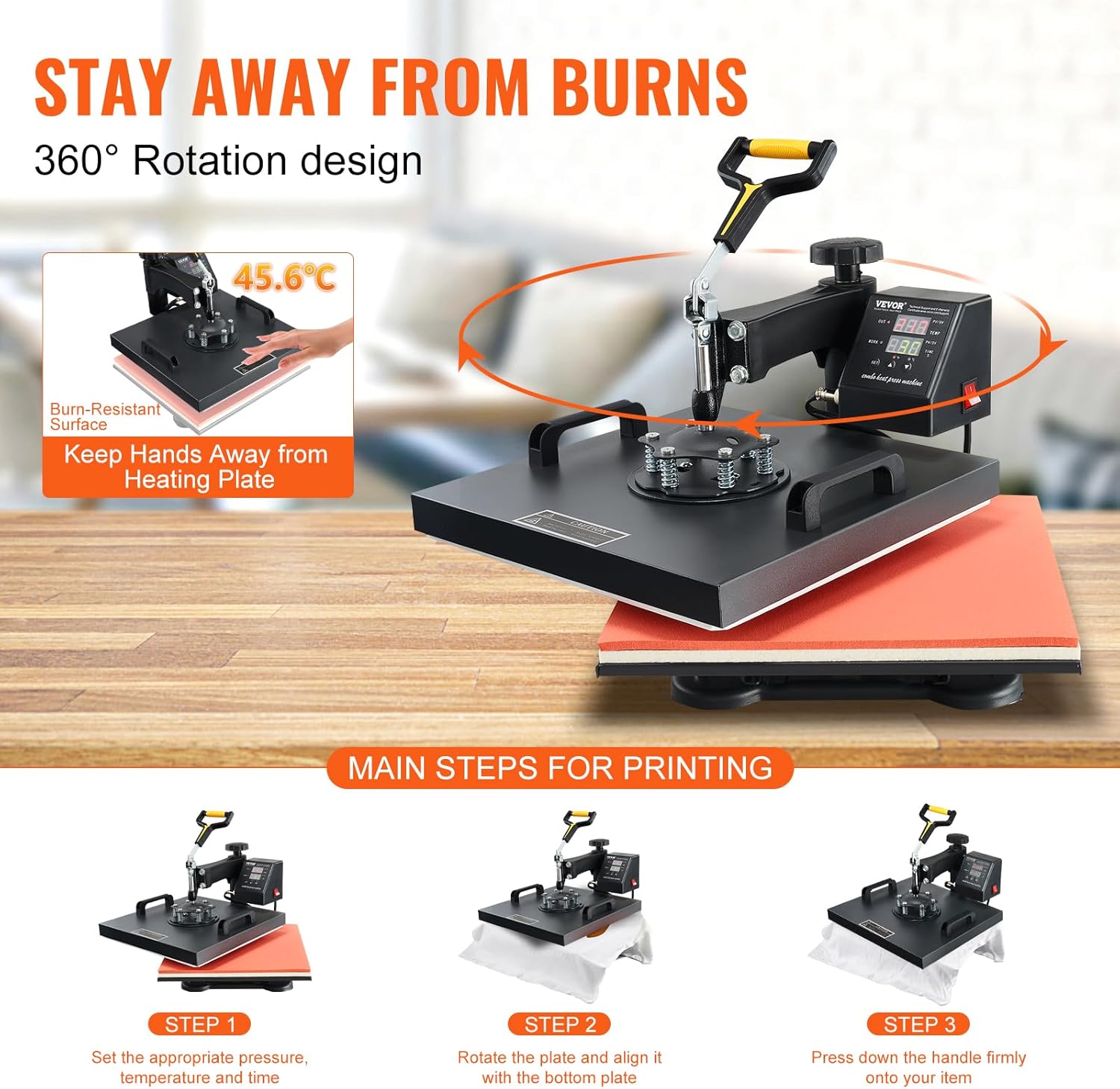 VEVOR 15x15 Heat Press Machine with Hat Press, 360° Swing Away Digital Tshirt Press Machine, Clamshell Heat Transfer Sublimation for Printing T-Shirt Hat Cap Pillow Bag