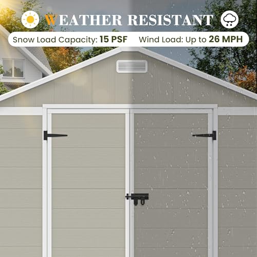 UDPATIO Outdoor Storage Shed 6 x 6 FT, Resin Garden Sheds with Floor Plastic Patio Outdoor Storage Shed with Lockable Door for Tool, Bike, Garbage Gray White