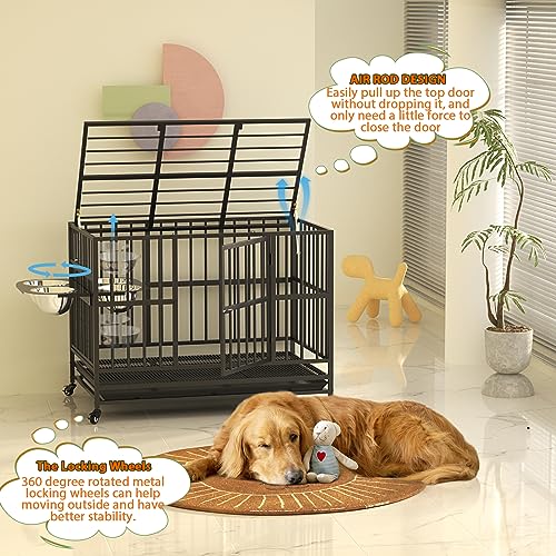LOVMOR 48" Heavy Duty Dog Crate with Wheels/Unique Air Lift Rod / 360° & Adjustable 2 Bowls/Removable Dog Cage Tray Extra Large XL XXL Dog Crate