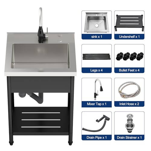 Lordear Stainless Steel Utility Sink 24 Inch - 24"x21" Freestanding Stainless Steel Kitchen Sink Single Bowl Commercial and Residential Use for Laundry Room Garage Outdoor and Kitchen