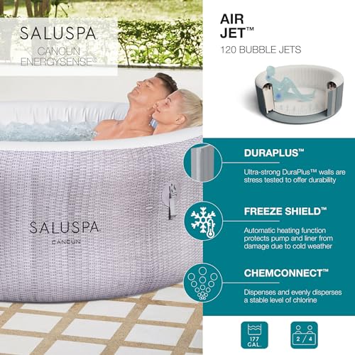 Bestway SaluSpa Cancun AirJet 2 to 4 Person Inflatable Hot Tub, 71 x 26 Inch Round Portable Outdoor Spa with 120 Soothing Jets and Cover, Gray