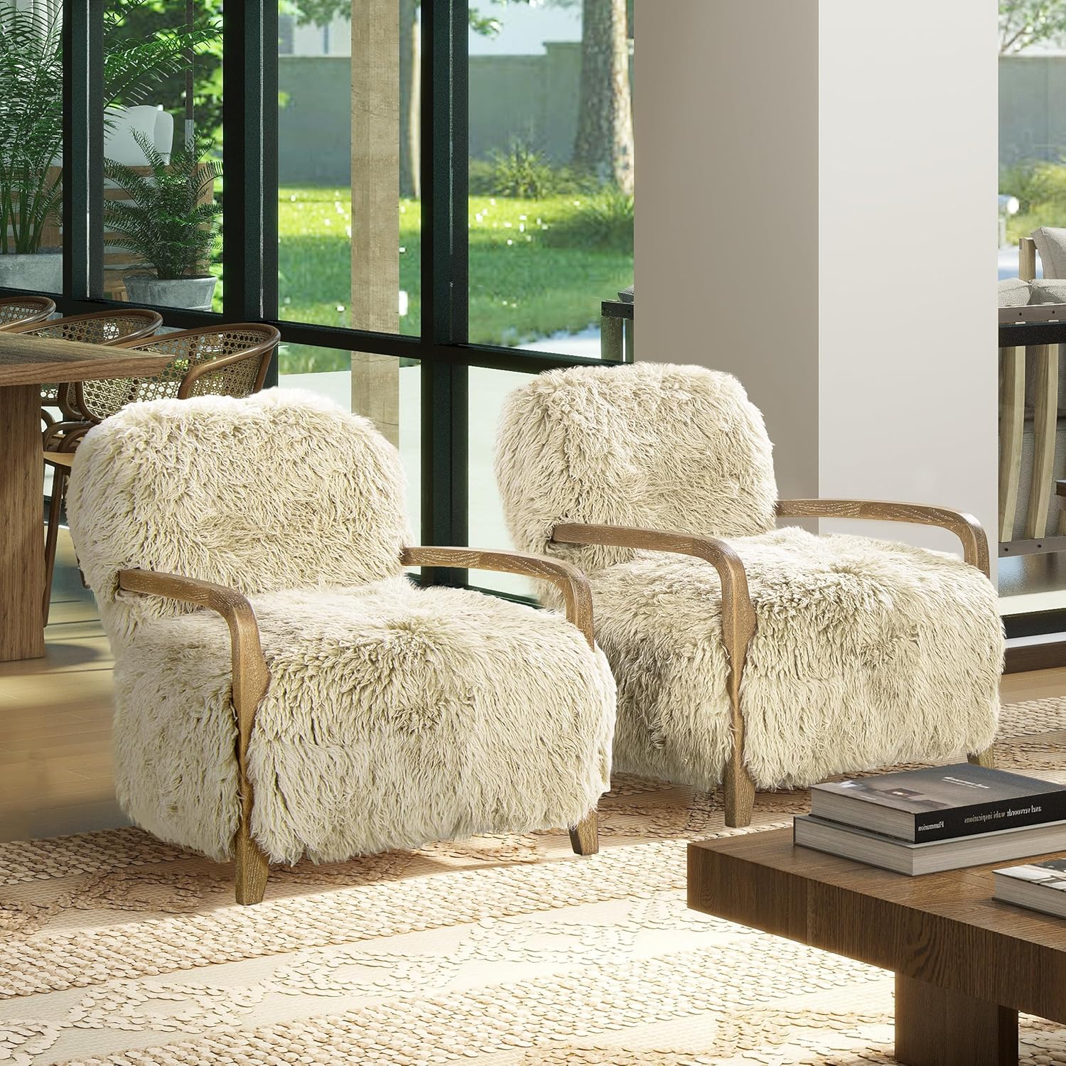 Jennifer Taylor Home Enchante 28.5" Mongolian Sheepskin Comfortable Large Oversized Living Room Lounge Accent Arm Chair, Taupe Beige