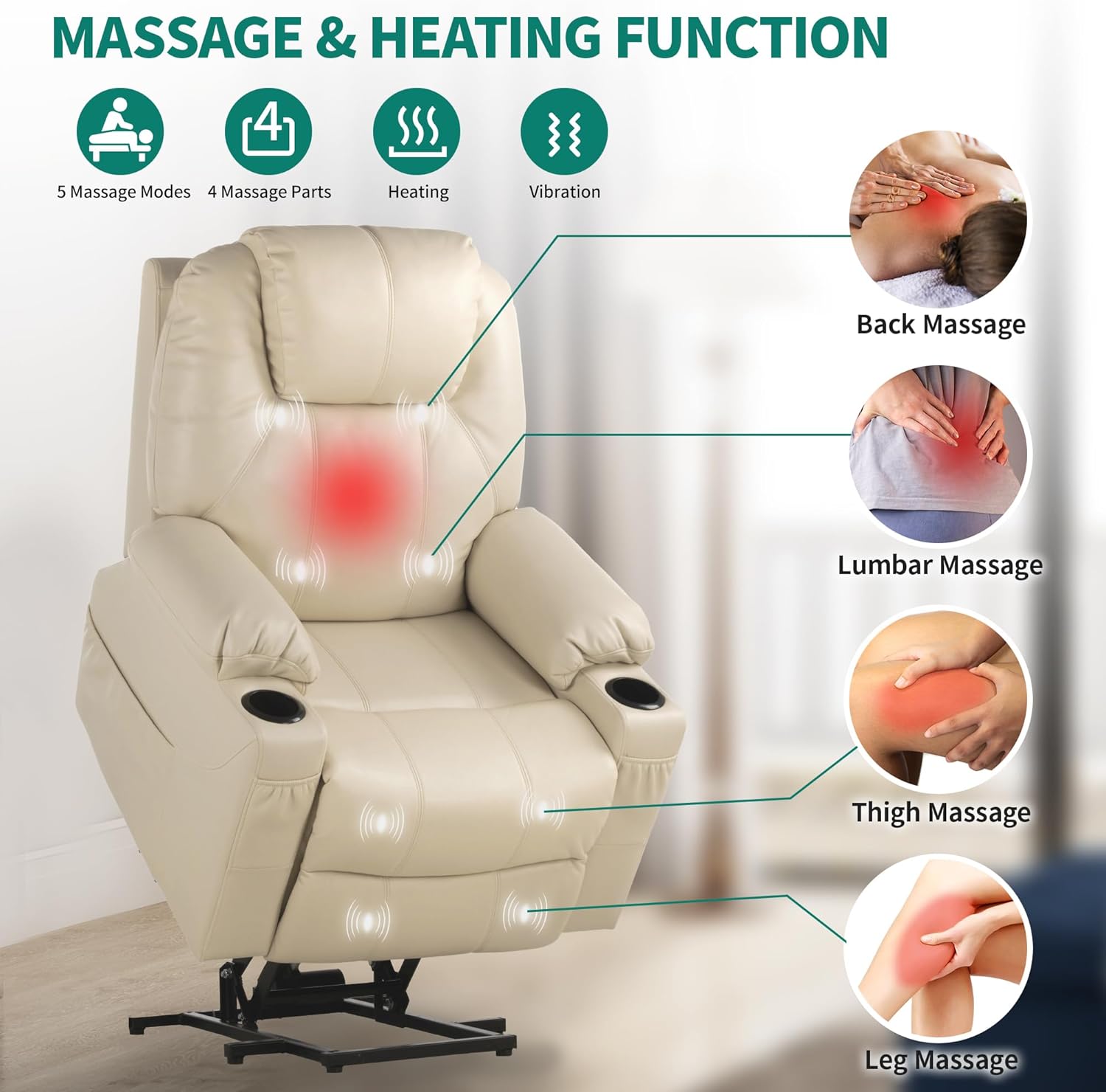 YITAHOME PU Power Lift Recliner Chair with Massgae and Heat for Elderly, Lift Chair with Remote Control for Living Room, with 2 Cup Holders Side Pockets, Off White3