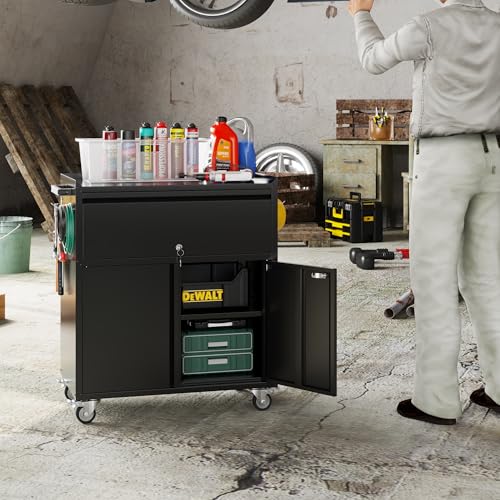 73" H Metal Storage Cabinet with Wheels, Garage Storage Cabinet with 4 Adjustable Shelves and Lockable Doors for Garage Home Office Utility Room,Required Assembly,Black