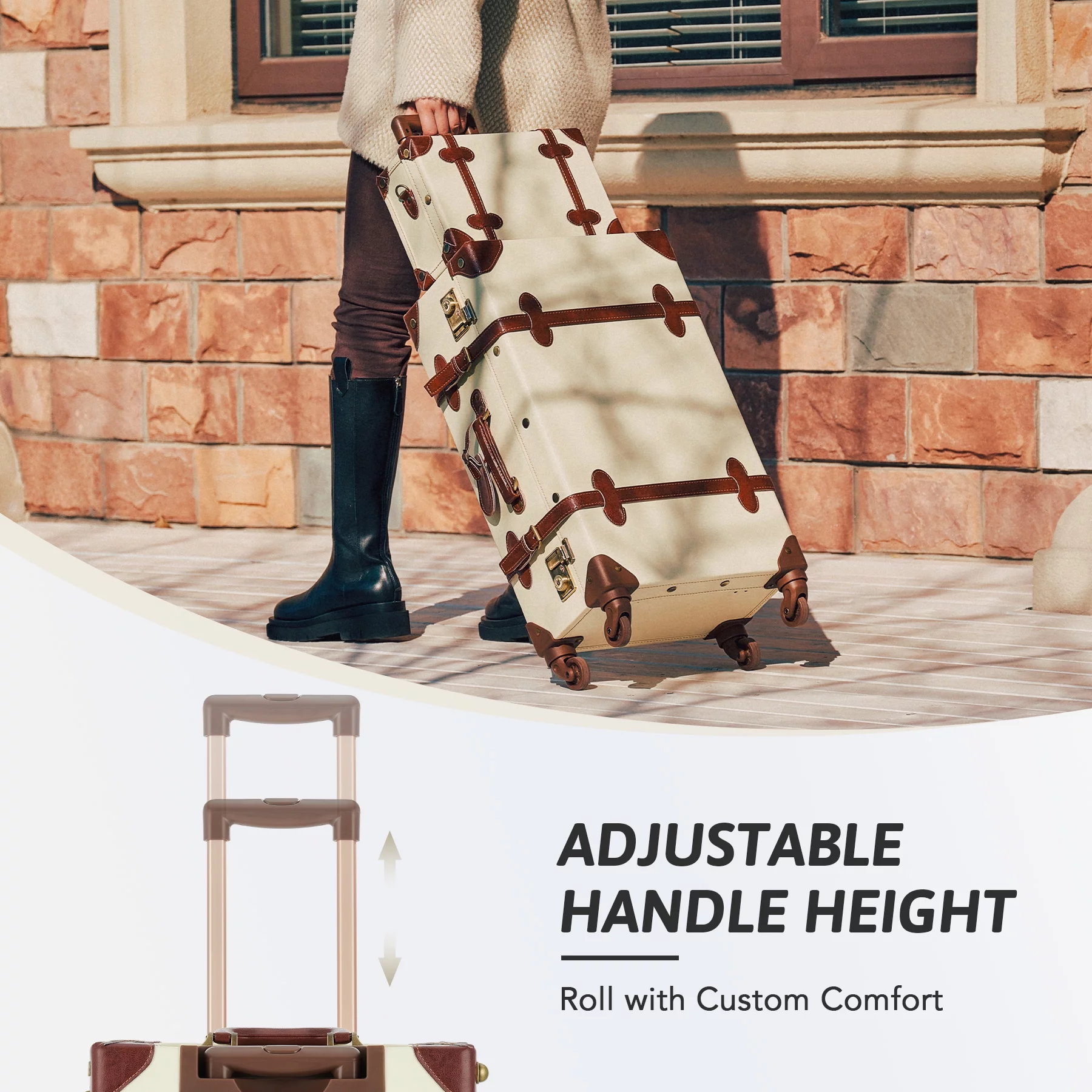 CO-Z Premium PU Vintage Classic Old-Fashioned Beige Trolley Suitcase and Hand Bag Set with TSA Locks Essential Luggage Choice