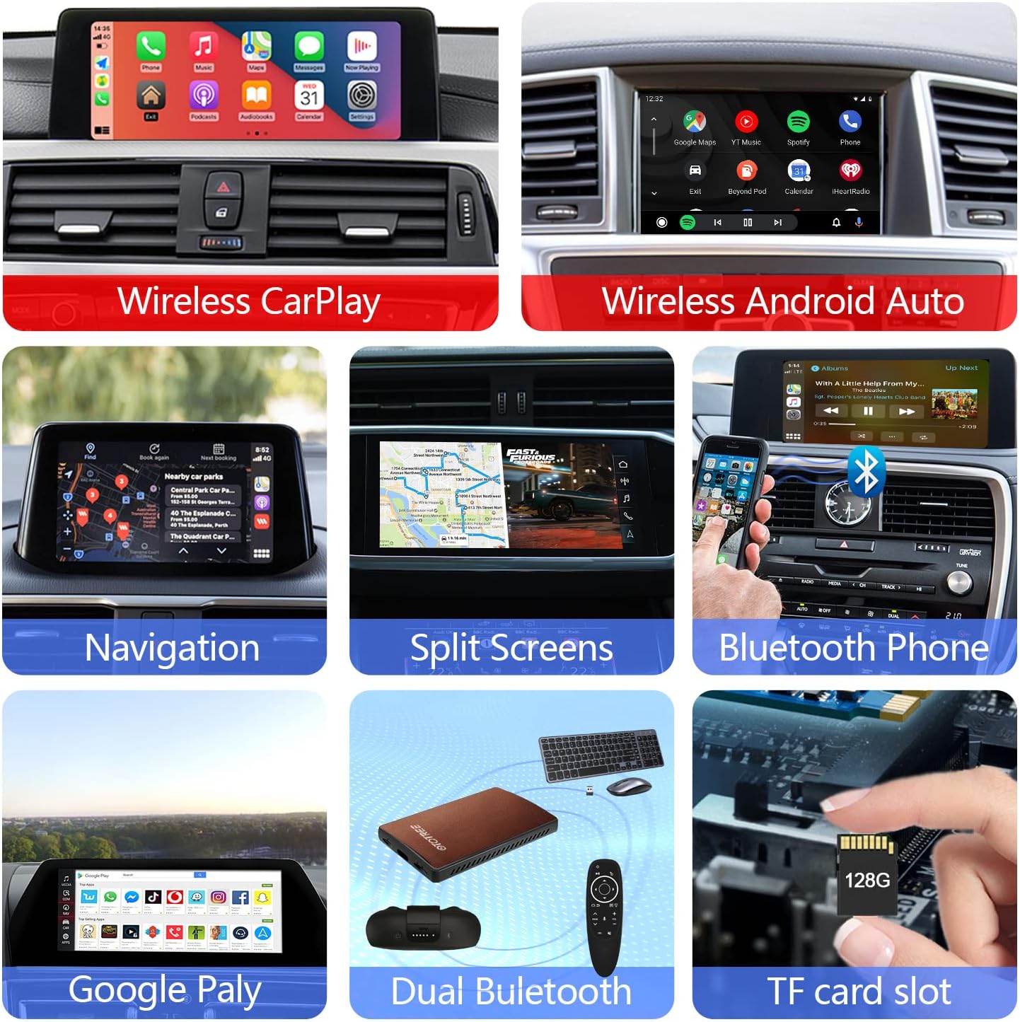 Multimedia Video AI Box for Cars with Wired CarPlay,AI Box Android System Supports WiFi,4G SIM Card,Split Screen,Wireless CarPlay+Wireless Android Auto,Installing Apps from Google Play (S21, Brown)
