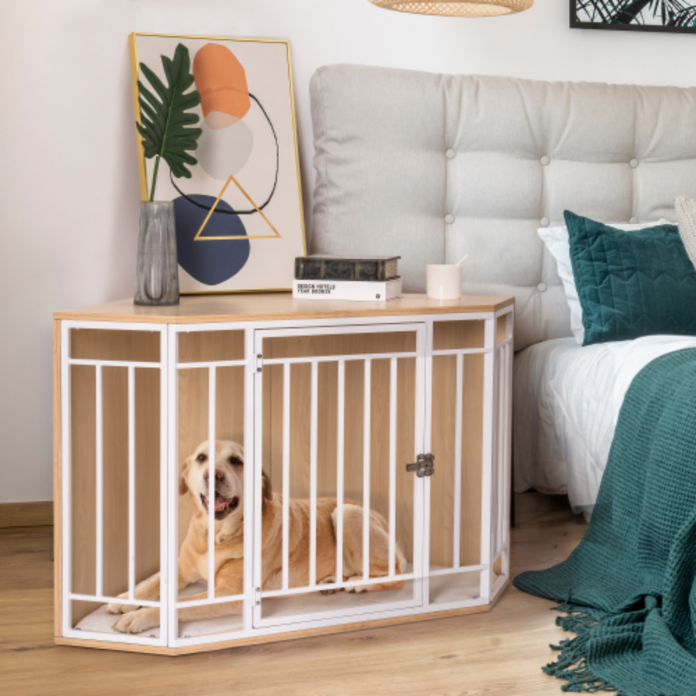 Corner Dog Crate with Cushion, Dog Kennel with Wood and Mesh, Doghouse, Pet Crate Indoor Use