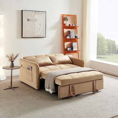 4 55" Full Size Pull Out Couch-3 in 1 Covertible Sleeper, Velvet Comfy Loveseat Sofa with Pullout Bed, USB Port& Adjustable Backrest for Living Room, Apartment, Pink