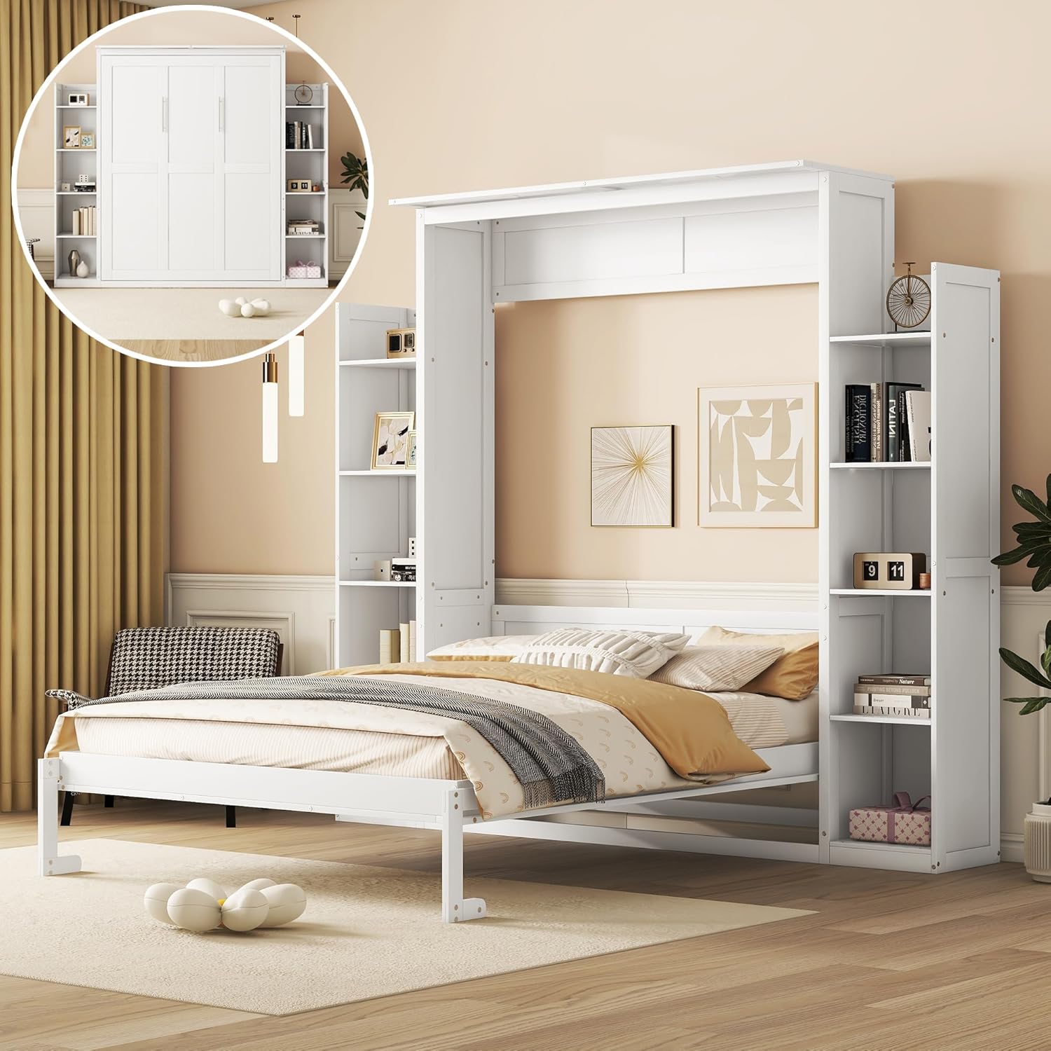 Merax Murphy Bed, Queen Size Wooden Wall Bed Shelves and LED Lights for Bedroom, Wood Slat Support, No Box Spring Needed, Easy Assembly, White