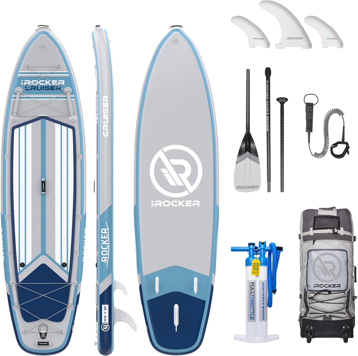 iROCKER Cruiser Inflatable Stand Up Paddle Board, Extremely Stable 10'6 Long 33 Wide 6 Thick Premium SUP with Roller Bag, Carbon Paddle, Pump, Leash, Fins & Repair Kit