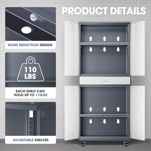 DNA MOTORING 71'' Metal Storage Cabinet, Locking Tool Cabinet with 1 Drawer and Adjustable Shelves, Lockable Heavy Duty Metal Locker for Garage,Office,Home,Gym, Gray, TOOLS-00629-GY-GY-A