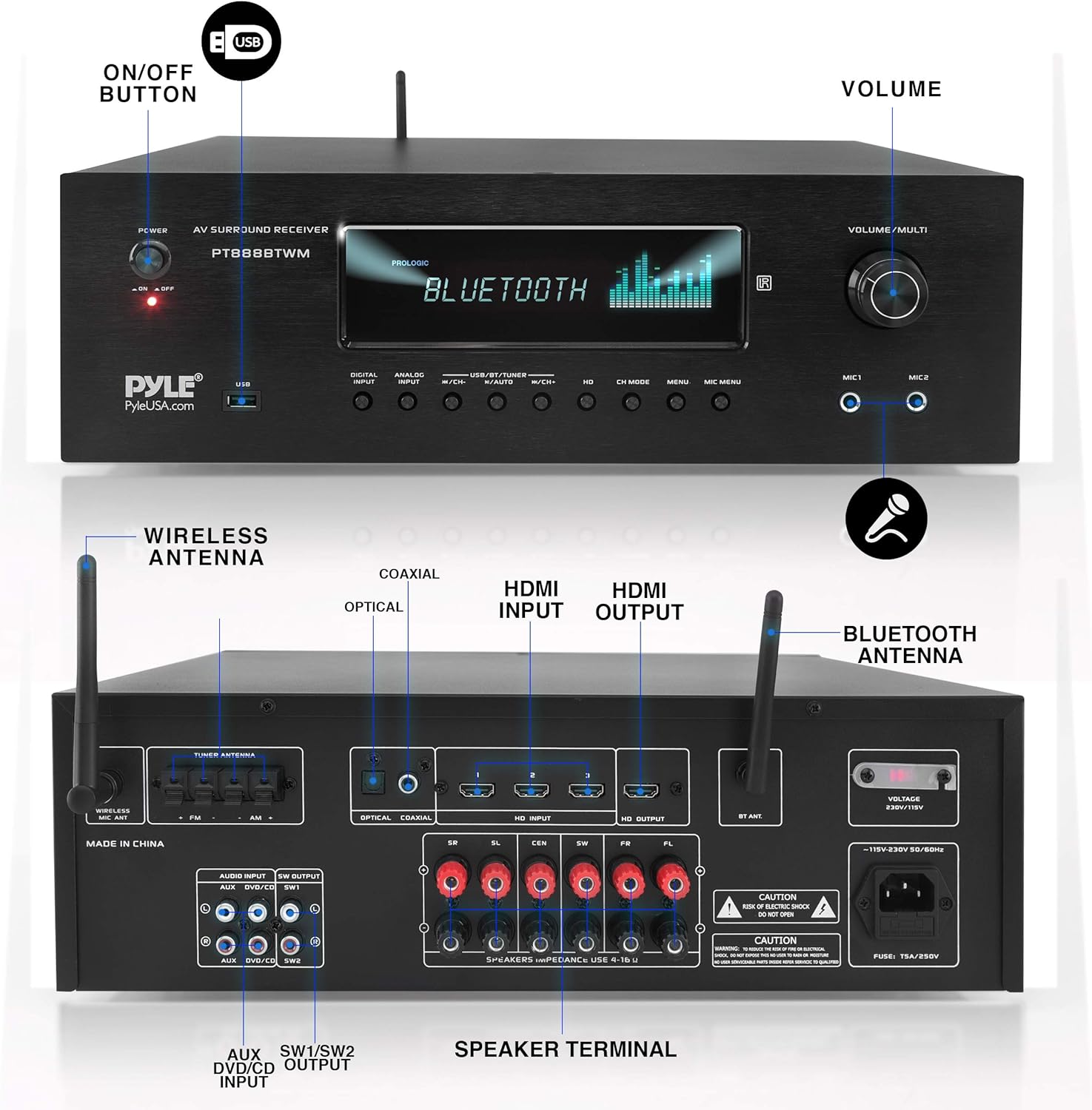 1000W Bluetooth Home Theater Karaoke Receiver - 5.2-Ch Stereo Amplifier 2 UHF Wireless Microphone Video Pass-Through Supports, MP3/USB/HDMI/AM/FM Radio - Pyle PT888BTWM.5