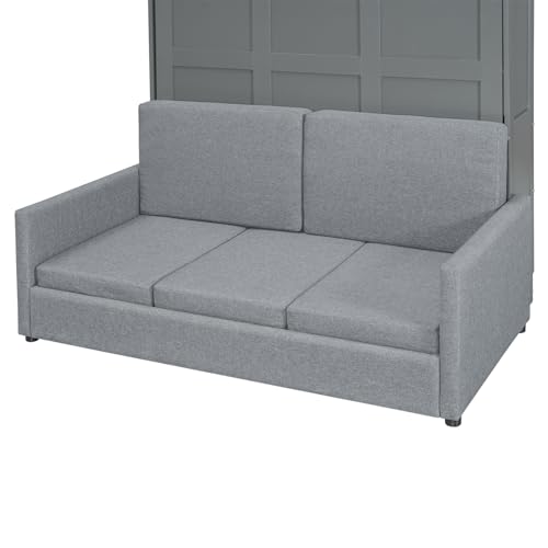 Polibi Full Size Murphy Bed with Loveseat Sofa, Wall Bed with Cushions, Horizontal Foldable Bed Frame, Grey