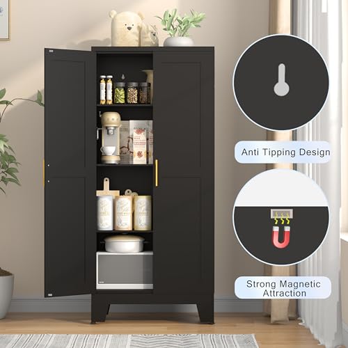 75.2" Tall Metal Pantry Cabinet, Storage Cabinets with 4 Door and 4 Adjustable Shelves, Black Kitchen Pantry Storage Cabinet, Freestanding Cupboard for Kitchen Dining Room Living Room Bathroom