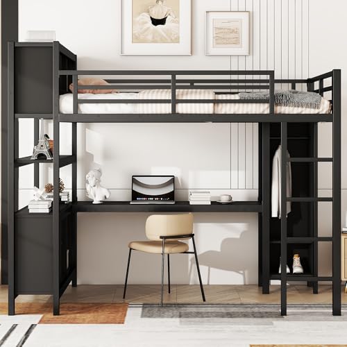 Linique Metal Loft Bed with Wardrobe & L-Shaped Desk - Sturdy Space-Saving Loft Bed Includes Storage Cubes, Shelves for Kids, Teens, Adults (White, Queen)