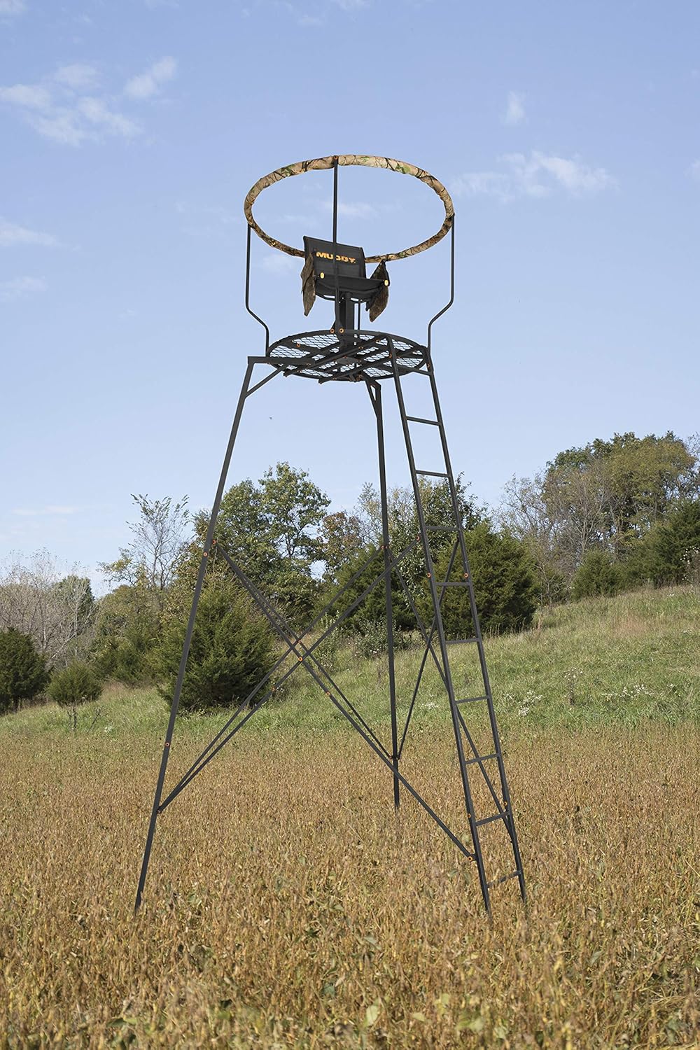 MUDDY Liberty - 16 Foot High Durable Extra-Wide Single Seater Foldable Outdoor Hunting Tripod Stand with 360-degree Flex Tek Seat & 2 Detachable Gear Bags, 300 Pound Maximum Capacity