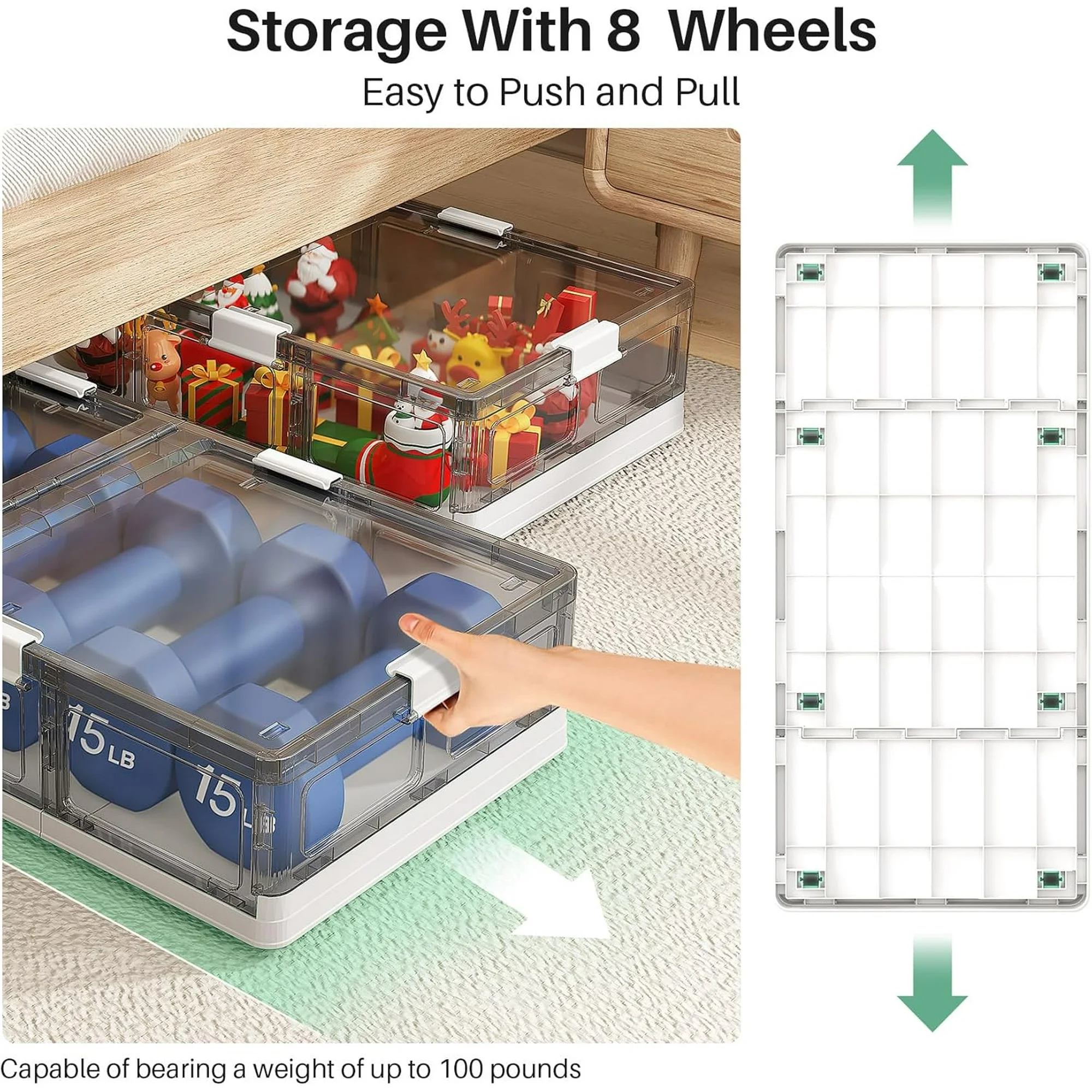 Plastic Under Bed Storage Containers,2 Pack Underbed Storage with Wheels,Foldable and Stackable Under Bed Organizer,Moisture and Dust-proof Storage Boxes for Clothes Shoes,13.6 Gal