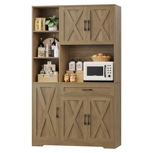 HOSTACK 71" Tall Kitchen Pantry Storage Cabinet, Farmhouse Food Pantry Cabinet with Microwave Stand, Barn Doors Kitchen Hutch with Large Drawer and Shelves for Dining Room, Ash Grey