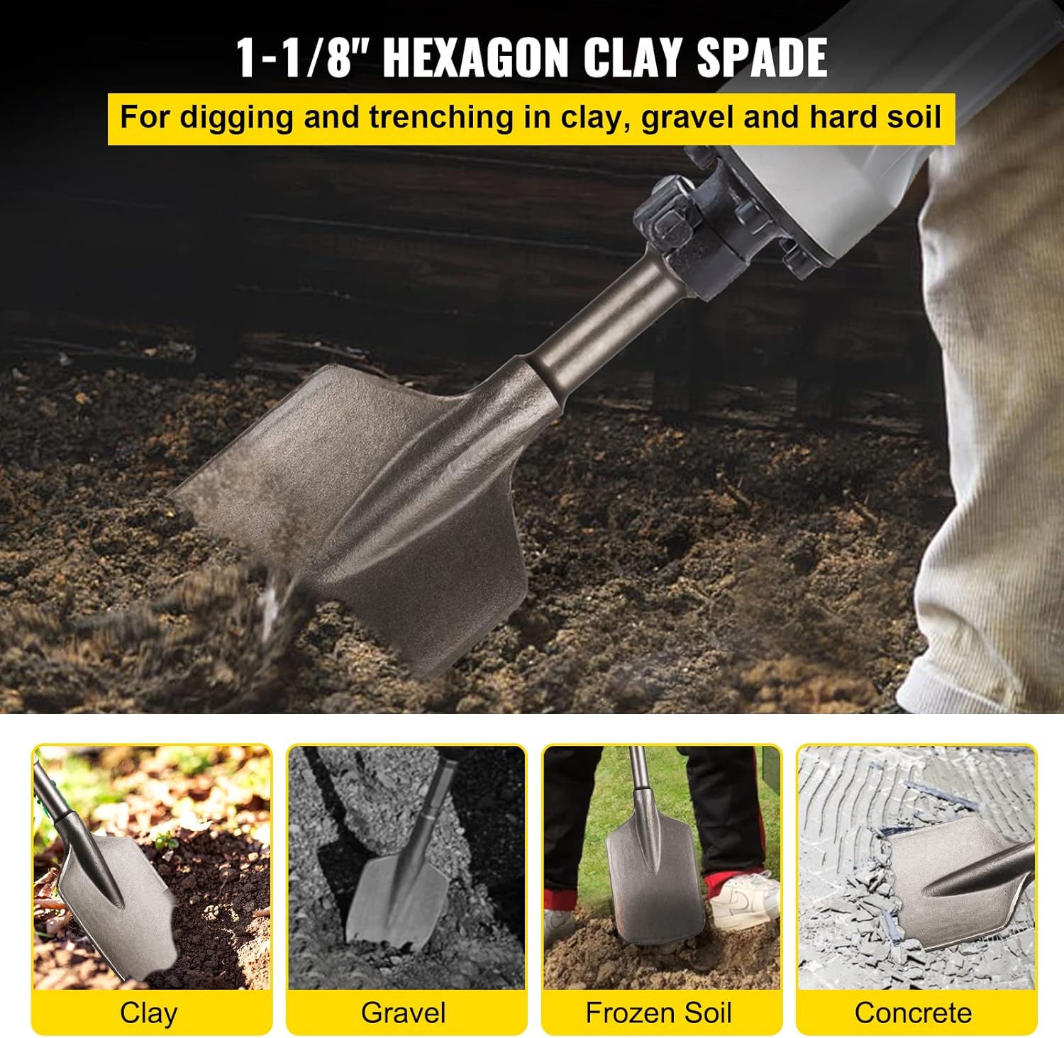 VEVOR Clay Spade, 17.9" x 5.5" 1-1/8" Hex Shank, 40Cr Steel Jackhammer Bit for Electric Demolition Jack Hammer w/Carrying Case, Trenching and Digging Shovel Bit for Clay, Gravel, Frozen Soil Pack of 2