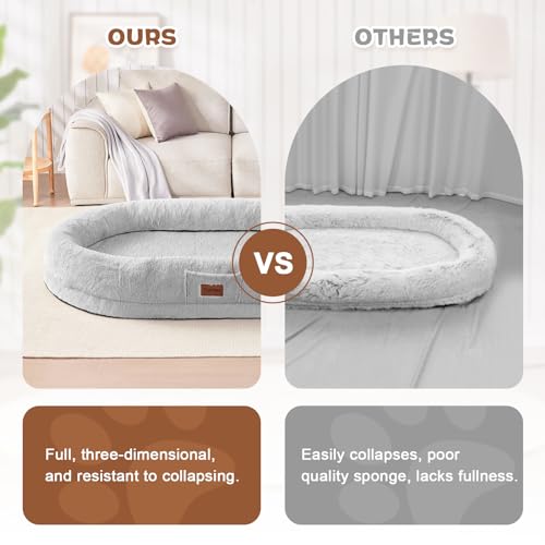 Human Dog Bed for People Adults, Giant Foldable Bean Bag Bed with Blanket, Washable Faux Fur Nap Floor Bed Adult for People, Pets Removable Large Memory Foam Human Sized Dog Bed Black