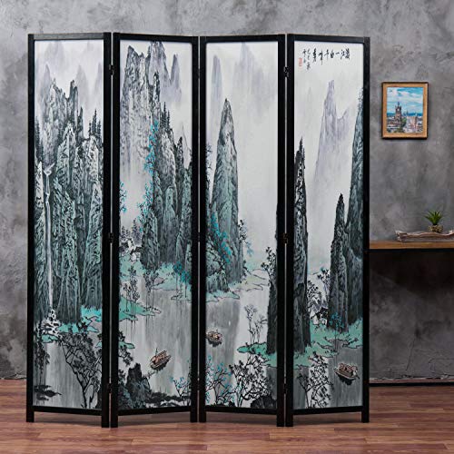 MyGift 4-Panel Folding Bamboo Room Divider Asian-Inspired Cherry Blossom Scene, 6 FT Freestanding Floral Artwork Room Partitioner with Beige Wood Frame