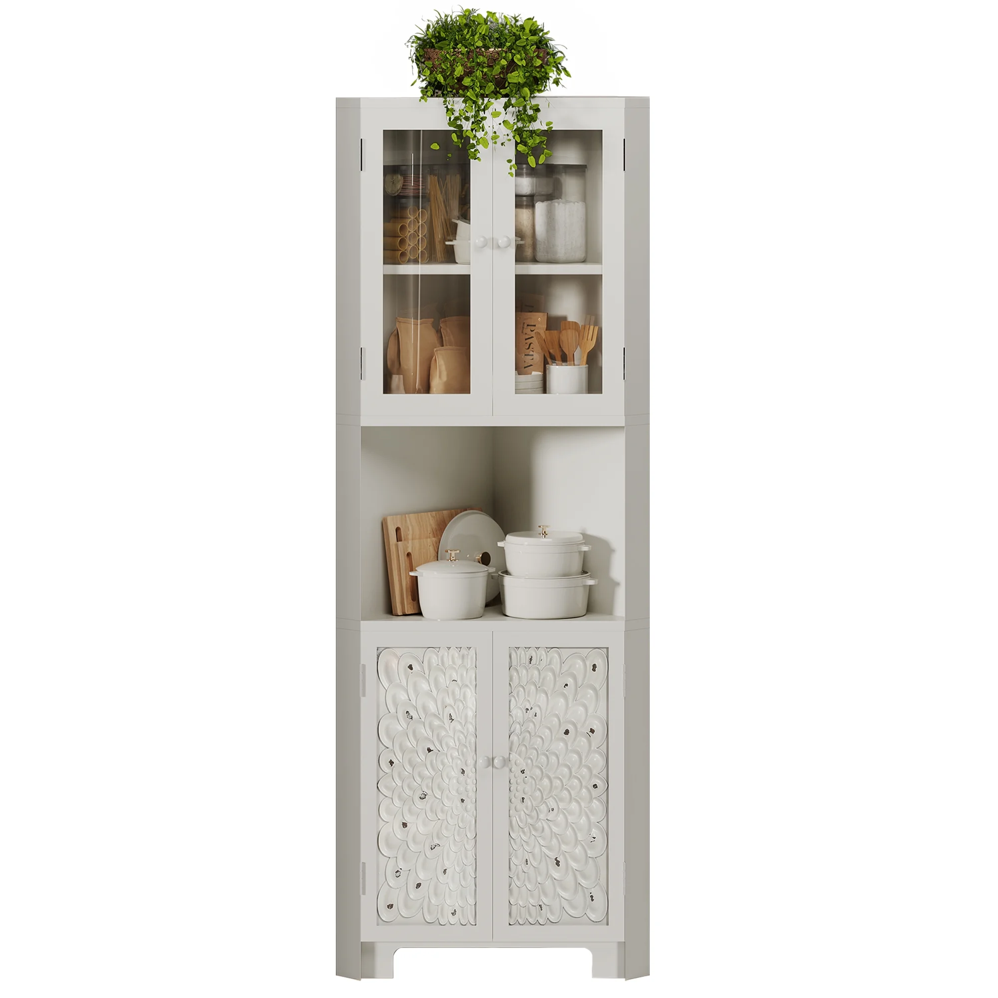 DWVO 67" Tall Corner Stoarge Cabinet With 4 Doors ,Corner Kitchen Cabinet,Buffet Cabinet for Living Room, Bathroom, Kitchen, White