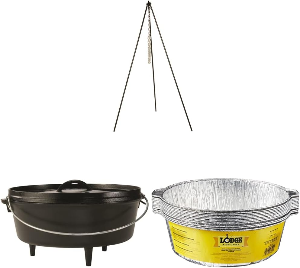Lodge Tall Boy Tripod with 6 Quart Camp Dutch Oven and 12-Pack Aluminum Foil Dutch Oven Liners